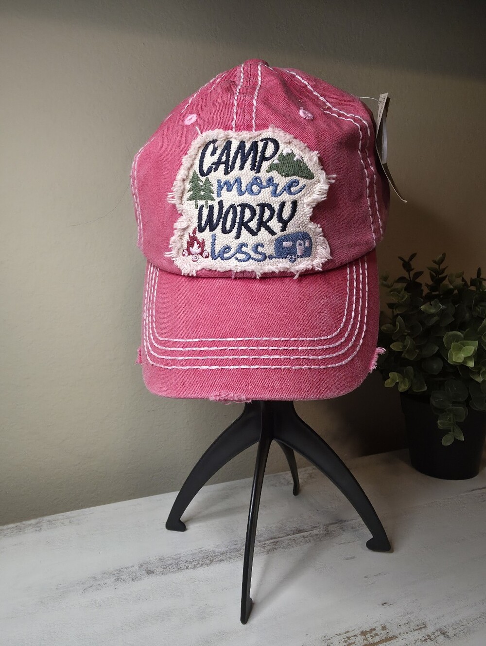 Pink "Camp More Worry Less"  Baseball Cap